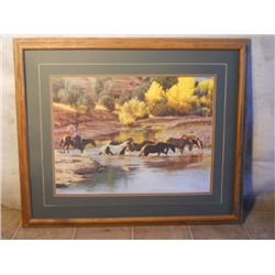 Wood Framed Young Cowboy Roundin Up Horses Print