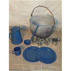 Large Tin Pot W/ Blue Porcelain Coffee Pot, Ladle,