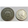 Image 1 : 2 Type Coins 1869 Shield Nickel VF, 1902 Barber Dime AU, minor rim burr obv.