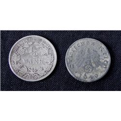 2 German Coins 1/2 Mark Silver 1905-E, 1940 5 Pfennig