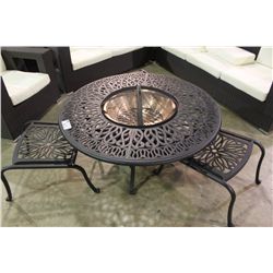 ROUND CAST ALUMINUM PATIO TABLE WITH FIRE PIT & 3