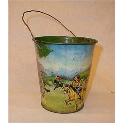 Tin bucket with scenes from the wild west wit