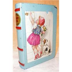 Saving box of tin with motive of girl and dog