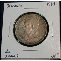 1131. Belgium 1934 20-Francs VF+ Catalog Value $70.00