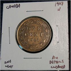 1134. 1907H Canada Large Cent. AU Detail Cleaned. Catalog $50.00