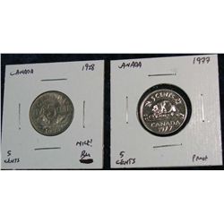 1135. 1928 & 1977 Canada 5-Cents Nice BU, Proof Catalog $100.00.