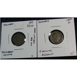 1144. 1841 (H) FK & 1854 FF Silver Denmark 4-Rigsmont Skilling. G, VG+.