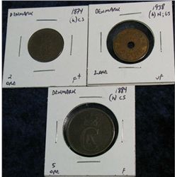 1146. Denmark 1874(h)cs,1938(h)n,GJ & 1884(h)cs 2-Ore. F-VF.