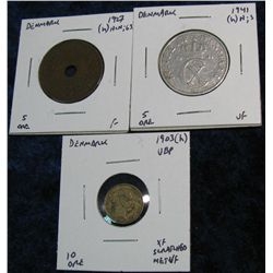 1147. Denmark 1927(h), 1946(h) 5-Ore & 1903(h) Silver 10-Ore. F-EF.