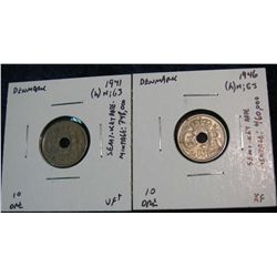 1148. Denmark 1941(h) & 1946(h) 10-Ore VF-EF. Both Scarce Dates.