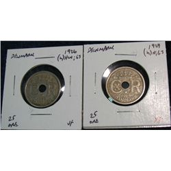 1149. Denmark 1926(h) & 1929(h) 25-Ore. VF-EF. Scarce.