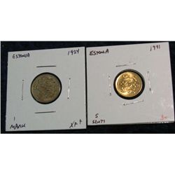 1158. Estonia 1924-Mark  EF+ & 1991 5-Senti BU. Catalog $12.50.