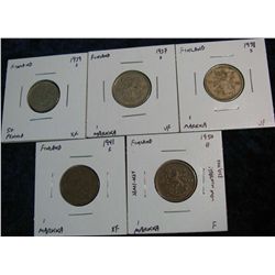 1161. (5) Coins from Finland 50-Pennia & Markka. F-EF.