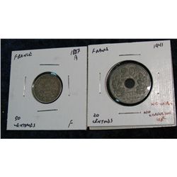 1164. France 1887A Silver 50-Centimes & 1941 20-Centimes Unc.