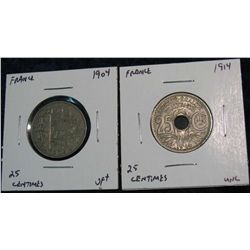 1165. France 1904 & 1914 25-Centimes. VF, Unc.