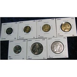 1167. (7) French Coins 1973 1-Centime- 5-Francs & 1996 5-Francs. BU.