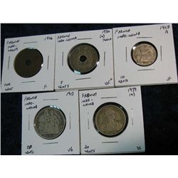 1168. (5) French Indo-China Coins 1913-1939 Catalog $43.00.
