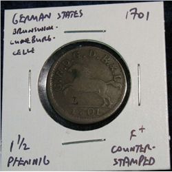 1171. Brunswick Lunenburg 1701 1 1/2 Pfennig F+ Counterstamped.