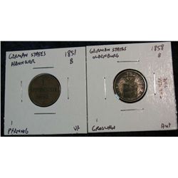 1172. Hanover 1851B Pfennig VF & Oldenburg 1858B Groschen AU+.