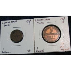 1173. Prussia 1853A Pfennig & 1867B 3-Pfennigs EF.