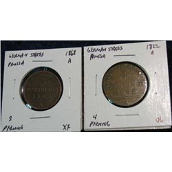 1174. Prussia 1868A 3-Pfennig EF & 1822A 4-Pfennig VG.