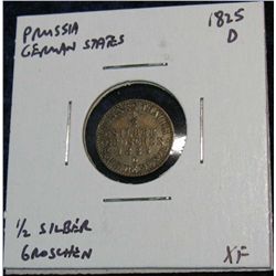 1175. Prussia 1825D 1/2 Silber Groschen EF. Catalog $65.00.