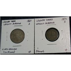 1177. Saxe-Albertine 1872B Pfennig & 1869B 20-Pfennig VF.
