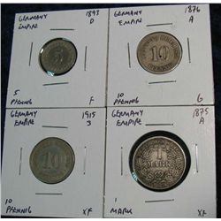 1180. (4) German Coins 1875-1915 5-Pfennig-Silver Mark.