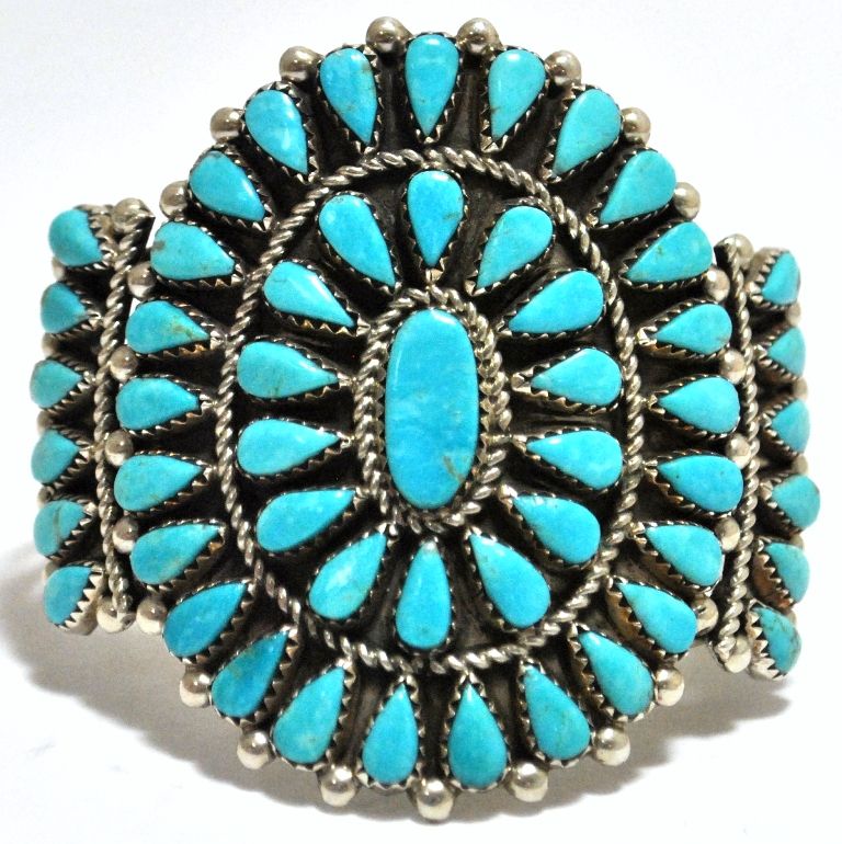 Old Pawn Turquoise Petit Point Cluster Sterling Silver Cuff Bracelet - JB