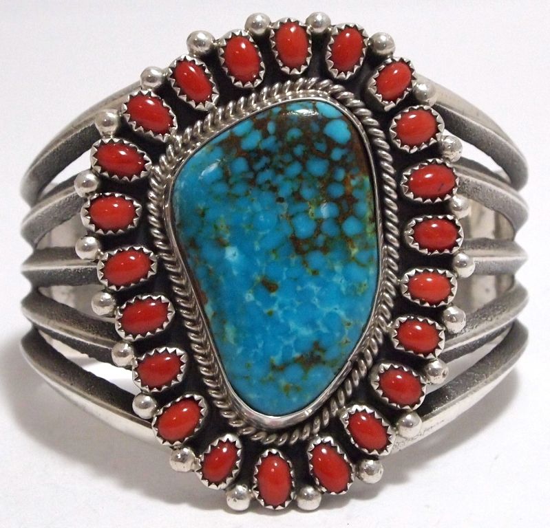 Old Pawn Navajo Coral & Kingman Turquoise Sterling Silver Cuff Bracelet ...
