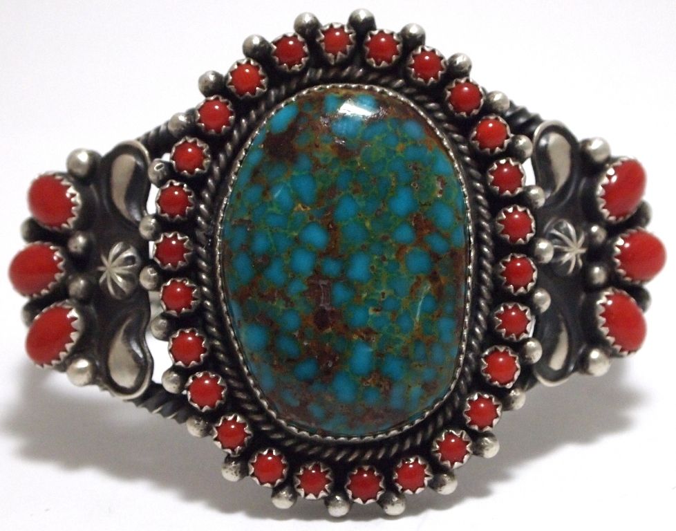 Old Pawn Navajo Coral & Kingman Turquoise Sterling Silver Cuff Bracelet ...