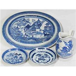 CHINESE CANTON BLUE & WHITE PLATTER SAUCERS & PITCHER