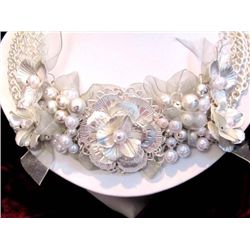 HANDMADE VICTORIAN OOAK PEARL AND RIBBON BIB NECKLACE A