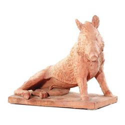 GT0424120063 Terracotta boar recumbent on matching plin