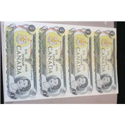 1973 Canada $1 Foreign Bank Note; Lot of 4; Uncut Bills