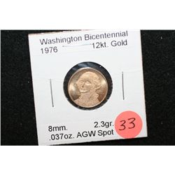 1976 Washington Bicentennial 12K Gold Medallion; .037 Oz. AGW 2.3 Gram