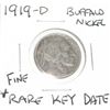 Image 1 : 1919-D EXTREMELY RARE BUFFALO NICKEL *RARE KEY DATE FINE GRADE*!!