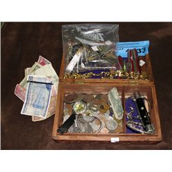 Wood box filled with watches, jewelery, knives,