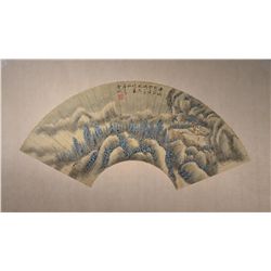 Chinese Mounted Watercolor Fan Painting: Landscape