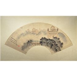Chinese Mounted Watercolor Fan Painting