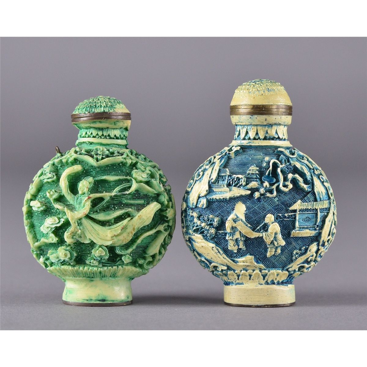 Pair Chinese Carved Lacquer Snuff Bottles Qianlong