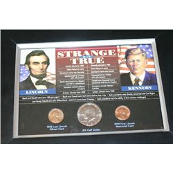 Framed Strange But True Lincoln Vs. Kennedy W/1958-D Lincoln Wheat Back Penny, 1980-D Kennedy Half D
