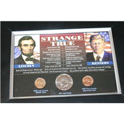 Framed Strange But True Lincoln Vs. Kennedy W/1958-D Lincoln Wheat Back Penny, 1980-D Kennedy Half D