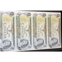1973 Canada $1 Foreign Bank Note; Lot of 4; Uncut Bills