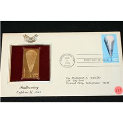 1983 First Day Issue 22K Gold Replica Stamp W/Postal Stamp; Ballooning Explorer II, 1935