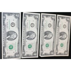 1995 US Federal Reserve Note $2; Atlanta GA Reserve; Lot of 4