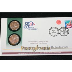 1999 First Day Issue Pennsylvania State Quarter Set W/Postal Stamp; P&D Mints