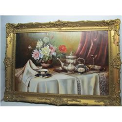 Gilt framed oil on canvas "Tea Time".