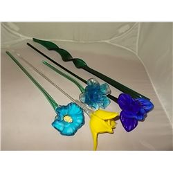 4 Hand  Blown Glass Flowers &1 Green Glass Rod twist.