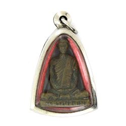 Vintage Thai Bronze Monk Amulet in Nickel Pendant Case (ANT-1247)